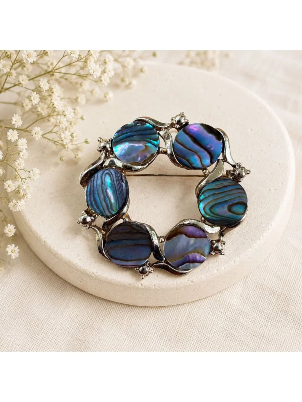 Vintage Abalone Shell Circle Brooch Silver Tone Wreath Pin Paua Statement Jewelr